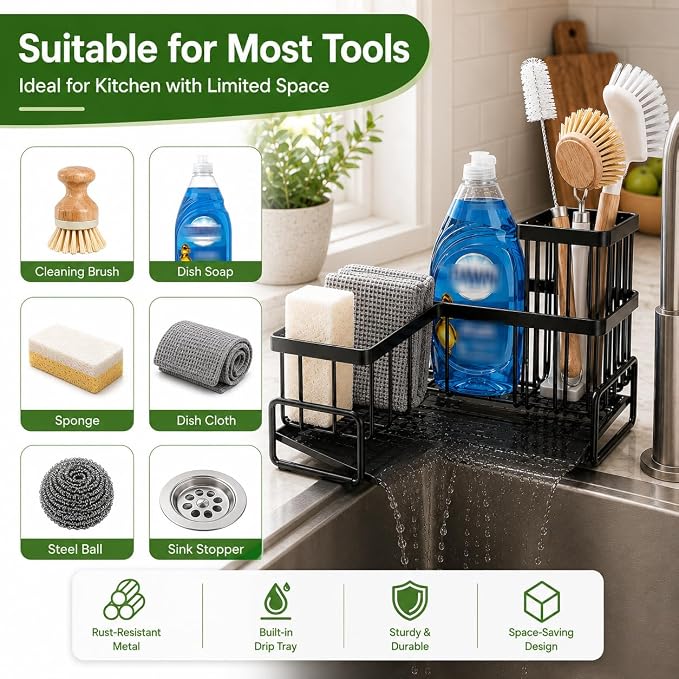 L-Shaped Kitchen Sink Caddy, Large Capacity Sink Organizer for Countertop Corner, Multi-Purpose Kitchen Caddy with Sponge & Dish Brush Holder, Sponge Holder for Kitchen Sink to Keep Area Dry & Neat
