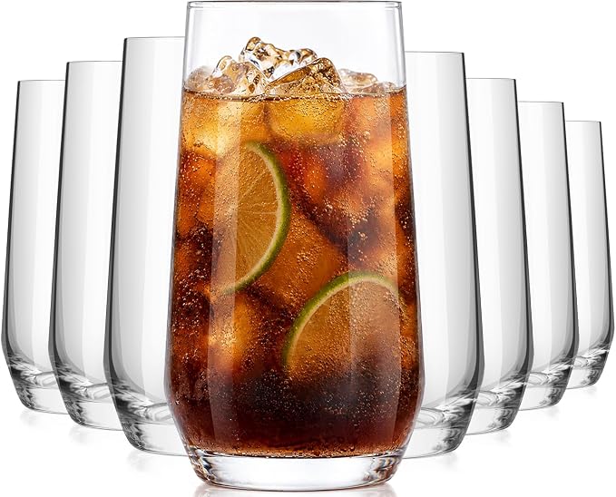 16oz Drinking Glasses Set of 8,Lead-Free Crystal Tall Water Glass Glassware | Highball Glasses, Glass Cups for Mojito, Cocktail, Juice, Bar, Kitchen & Everyday Use