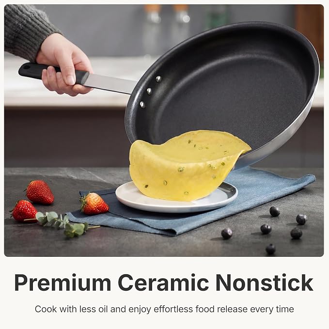 NEWBULIG Nonstick Frying Pan, 14" Heavy-Gauge Aluminum Skillet with Ceramic Nonstick Coating & Stainless Steel Base for Induction, Electric, Gas, Oven Safe, Black Hanging Handle | Aluminum body even heating, steel handle silicone grip, oven safe 392°F ...