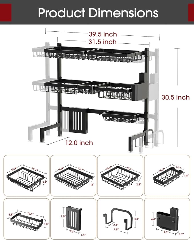 Sakugi Over The Sink Dish Drying Rack - Adjustable 3 Tier XX-Large Capacity Stainless Steel Drainer with Cutlery & Utensil Holders, Kitchen Storage & Organization, 31.5"-39.5"L x 12"W x 30.5"H, Black
