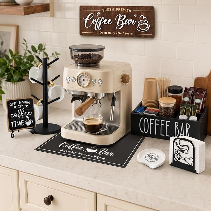 7-Piece Coffee Bar Accessories Set, Farmhouse Coffee Bar Organizer Kit | Coffee Bar Essentials Bottle Organizer for Countertop, Coffee Station Organizer with K-Cup Holder Mat Spoon Rest and 2 Signs