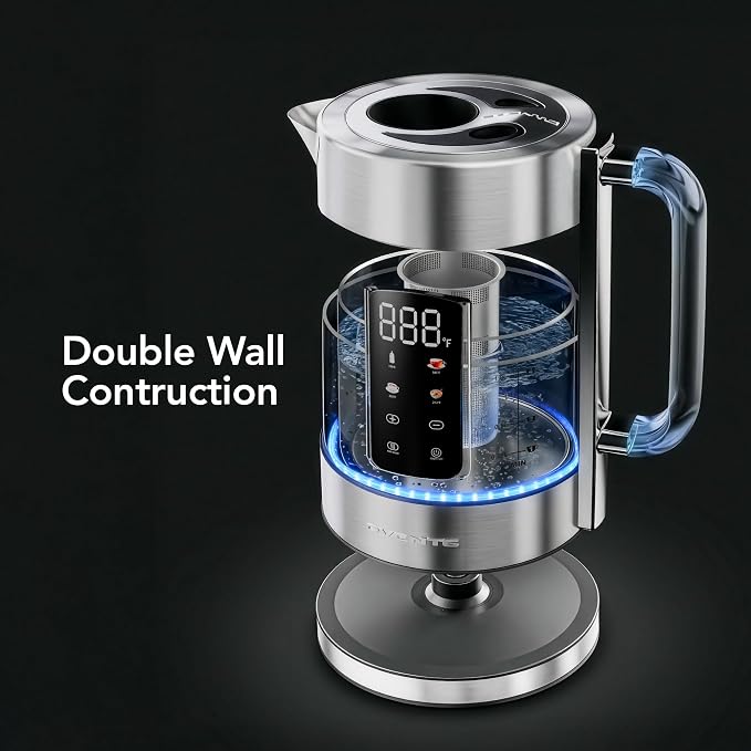 OVENTE 1.7L Glass Electric Kettle with Tea Infuser, Silver KGD913S | 1500W Fast Boiling, Easy Fill Lid, 4 Temperature Control, Double-Wall Cool-Touch Design, Color-Changing LED, Keep Warm