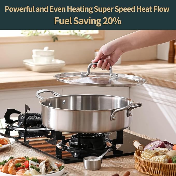 Yeksum Deep Frying Pan with Lid, 6 Quart Tri-Ply Stainless Steel Saute Pan, 12inch Saute Pan with Lid, Rondeau Pot Compatible with All Cooktops Up to 600℉