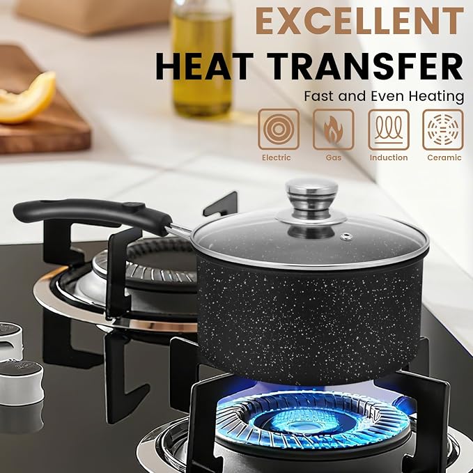 Nonstick Saucepan with Lid, 1QT & 1.5QT & 2QT Small Milk Pots Set with Healthy Teflon Coating, Multipurpose Induction Compatible Cooking Pans Kitchen Cookware Set