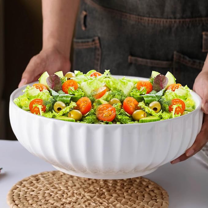 4 Quarts 2 Pcs Extra Large White Serving Bowls with Free Spoons, 12 inch Oversized Big Salad Bowls For Entertaining, Eating, Ceramic Serving Dishes, Pumpkin Serving Bowl Set For Fruit Soup Pasta