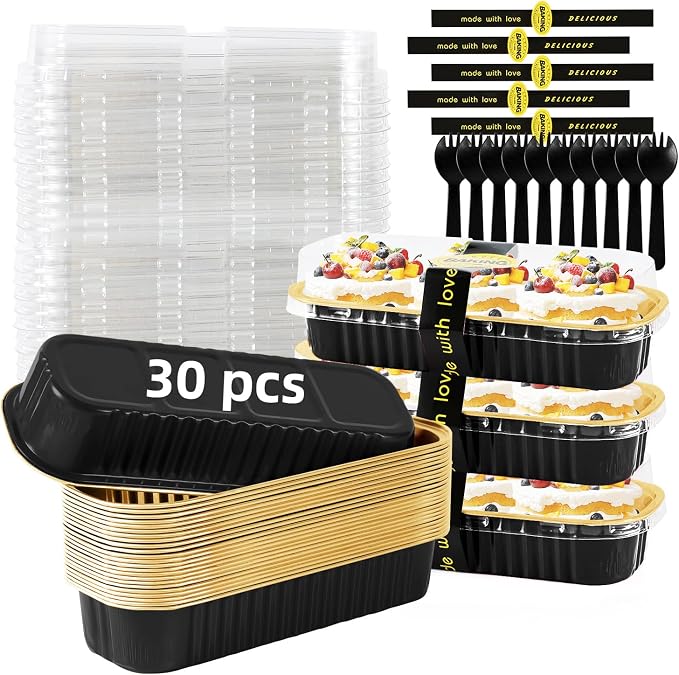 Mini Loaf Pans with Lids and Spoons Sealing Sticker,6.8oz Cake Pans for Baking Disposable Aluminum Foil Pink/Red cake pan (30, Black Gold)