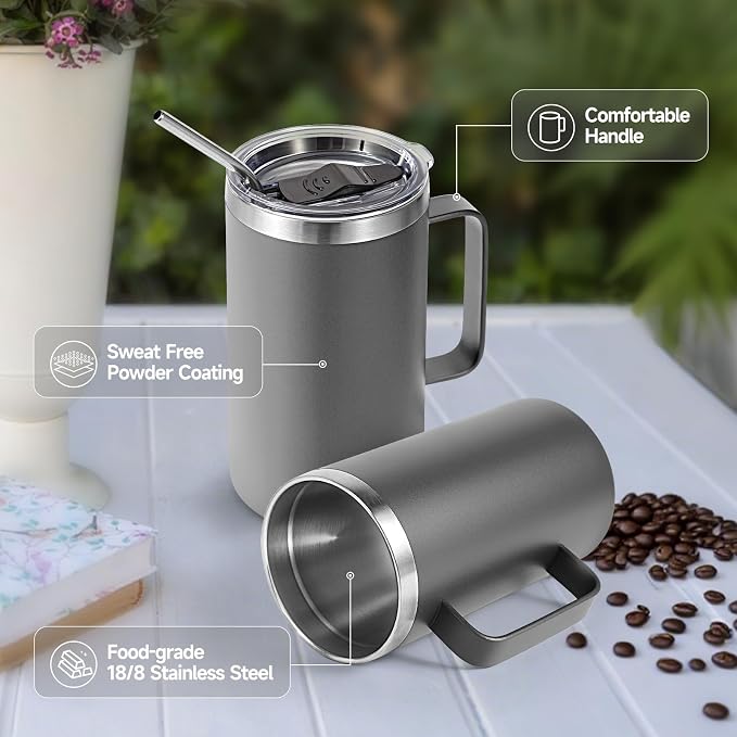 Volhoply 22oz Insulated Stainless Steel Coffee Mugs with Leakproof Lid Bulk 2 Pack,Double Wall Vacuum Travel Coffee Cup with Handle,Reusable Metal Tumbler,Camping Mug Keep Hot&Cold(Gray,2)