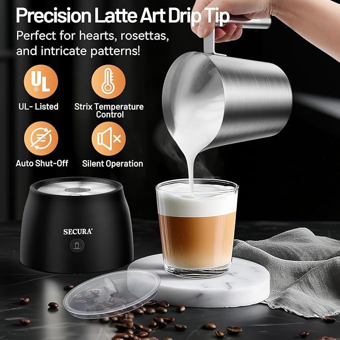 Secura Electric Milk Frother, 17oz Stainless Steel Hot & Cold Foam Maker | 304 Stainless Steel Jug, Teflon-Free & BPA-Free Design, Dishwasher-Safe, 4-in-1 Foam Maker, Create Latte, Hot Chocolate