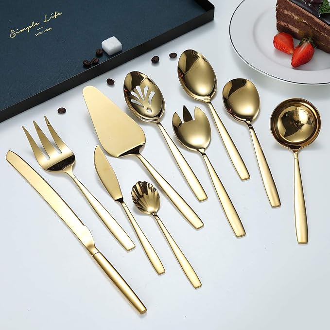 Berglander Gold Serving Utensils 10 Pieces, Titanium Golden Plating Serving Spoons, Included Cake Knife Cake Server Serving Forks Sugar Spoon Salad Spoon Forks Butter Knife Gravy Ladle ect.