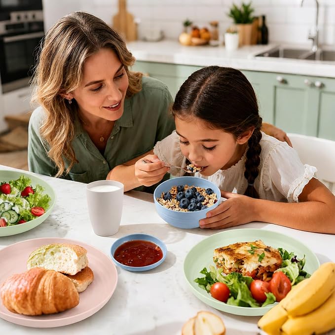 Wheat Straw Dinnerware Sets for 4, 16 Piece Unbreakable Kids Dinnerware Set, Toddler Plates and Bowls Sets, Kitchen Plates and Bowls Set, Lightweight Dish Set for Travel Camper Dishes - Colorful