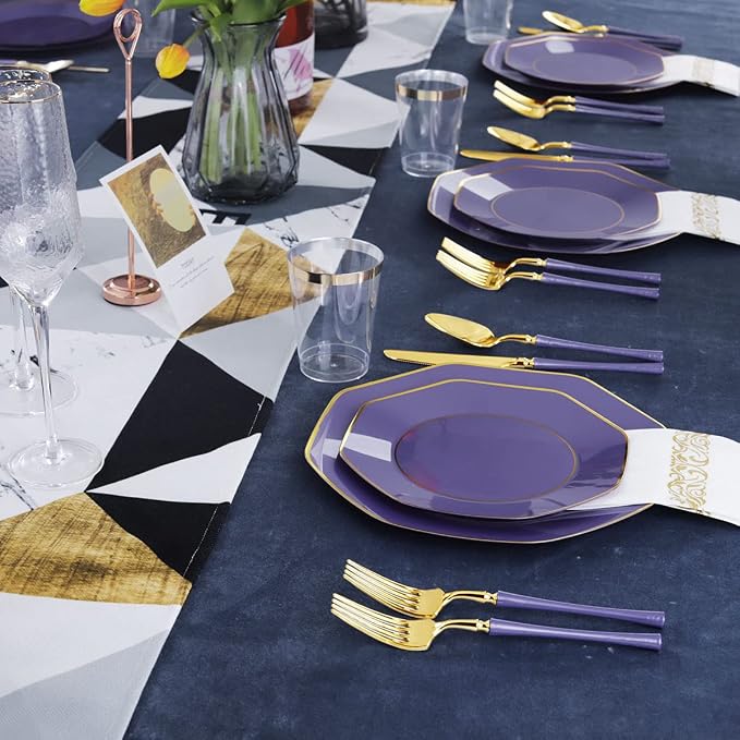 KIRE 140Pcs Purple Plates with Gold Rim - Plastic Plates for Party | Include 40pcs Purple and Gold Plates, Gold Plastic Silverware with Purple Handle&Clear Cups&Hand Napkin for Wedding