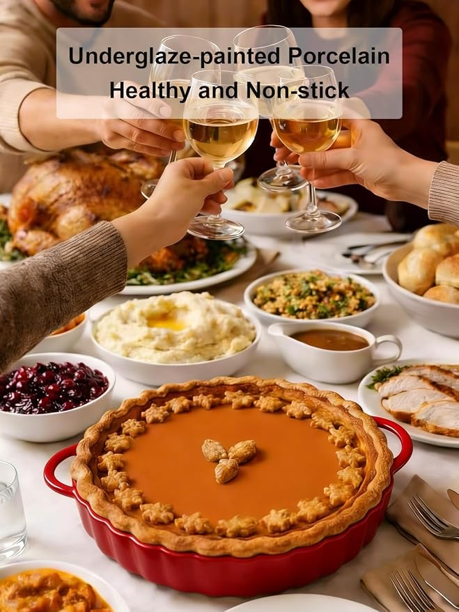 10×2in Deep Ceramic Pie Pan with Handles for Pie Quiche Tart Baking. Easy to grip, Lead-Free. Casserole Lasagna Dish for Thanksgiving Christmas Gift. Oven Microwave Dishwasher Safe. Red
