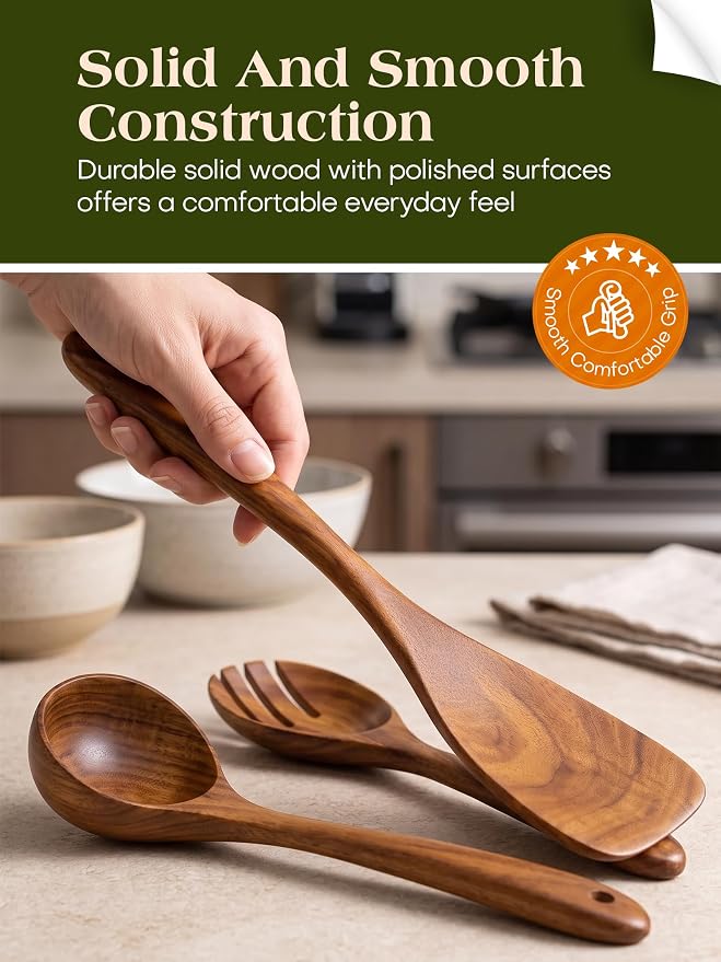 Wood Utensils Set for Cooking, Teak Wooden Utensils Set Wood Spatula for Nonstick Cookware Kitchen Utensils Set 5