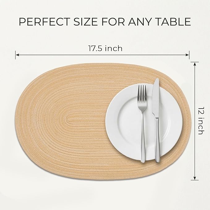 Placemats Set of 4, Woven Oval Braided Dining Table Mats(Beige Brown) | 12 x 17.5 Inch Size Fits Plates and Flatware; Hand Washable and Heat Resistant for Kitchen Use, with Farmhouse and Boho Style