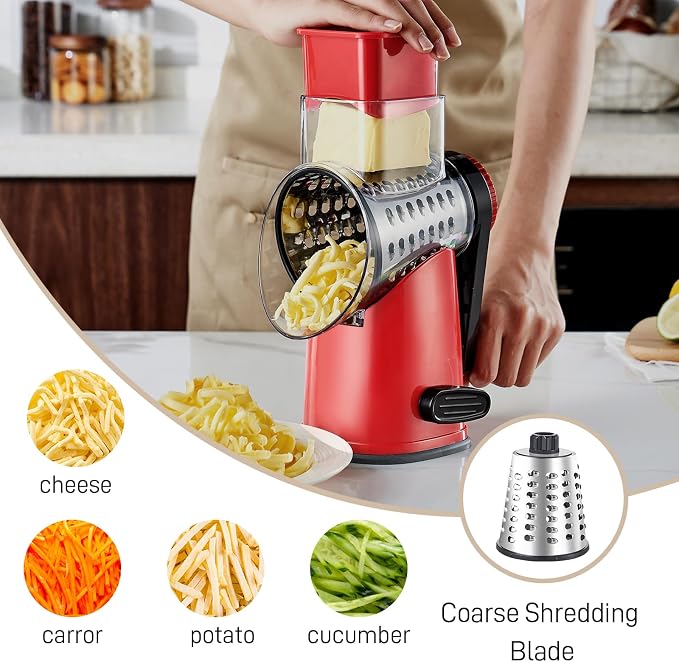 Weltonhm 4 in 1 Large Rotary Cheese Grater Hand Crank (Red black 4 Graters) | Cheese Shredder Rotary and Slicer with 4 Stainless Steel Blades for Vegetables, Veggie and Cheese, Stronger Suction Base