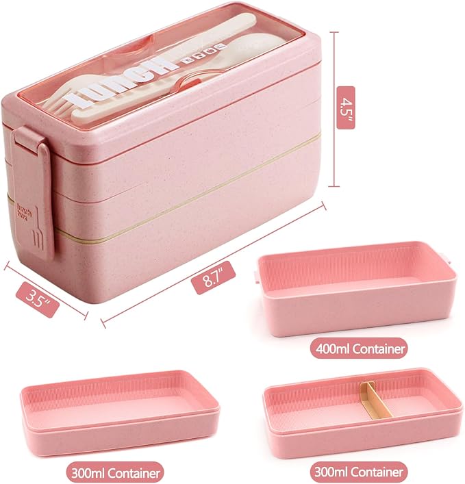 35Pcs Bento Box Japanese Lunch Box Kit Leakproof Lunchbox, Pink | Wheat straw 3 layer stackable lunch container with compartments and lunch bag for kids adults teens meal prep school office