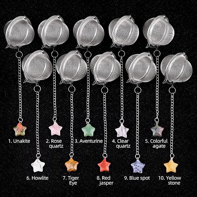 5 Pcs Stainless Steel Tea Ball Infusers with Star Natural Crystal Charms, Fine Mesh Tea Strainers with Extension Chain & Hook for Loose Leaf Tea, Spices, Seasonings
