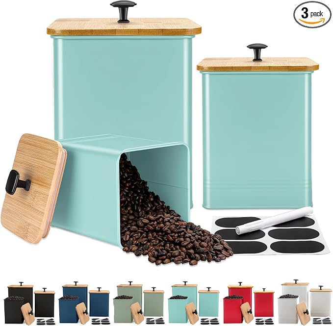 Kitchen Canisters Set of 3, Metal Flour Sugar Storage Containers with Airtight Lids-Canisters Sets for Kitchen with Customizable Chalkboard Labels & Marker Pen-Spice, Coffee Storage Jars(Blue)
