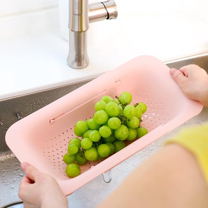 Blue Ginkgo Over Sink Colander, Extendable Kitchen Strainer, Pink | Fits Most Sinks. Rinse, Drain and Dry with Ease.