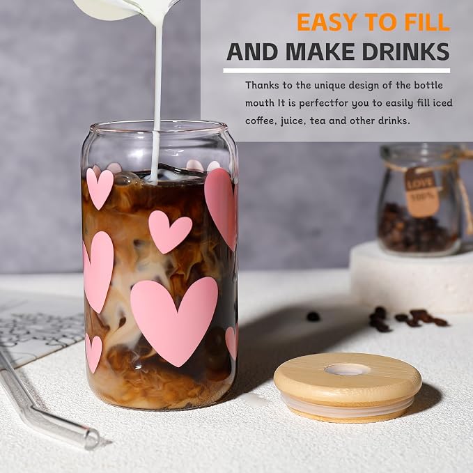 DWTS DANWEITESI Glass Cups with Lids and Straws with Design Pink Hearts 4 pcs,Clear Glass Cups 16 oz-Glass Tumbler,Cute Glass Iced Coffee Cups with Lids and Straws 480ml