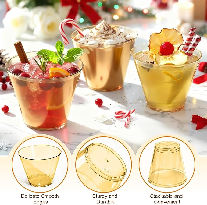 Glowserve 9 OZ Gold Disposable Plastic Cups Cocktail Cup 50 Pack | Fancy Cocktail Cup,Stemless Wine Glass,Wedding Wine Glasses,Graduation Birthday,World Cup,Party Essentials