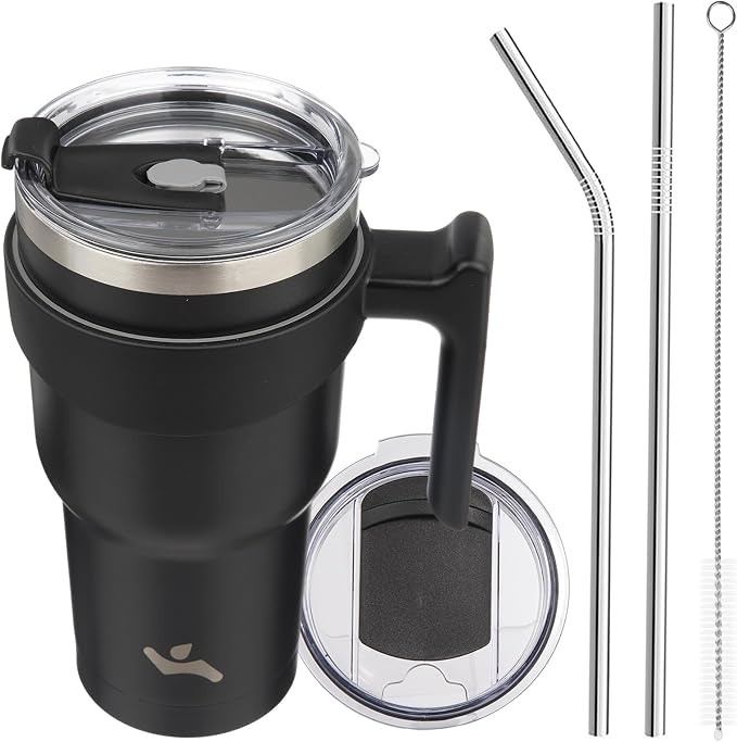 Konokyo 30 oz Tumbler with Handle and Straw, Insulated Travel Mug | Black; BPA-free, leak-proof tumbler with 2 lids, 2 straws, cup holder fit for coffee, office, travel & daily use