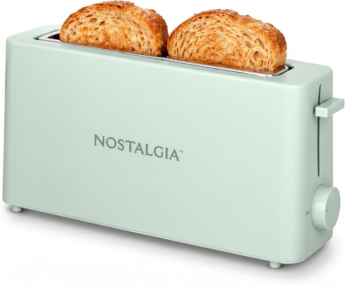 Nostalgia Slim 2-Slice Toaster – Wide Slot – Space-Saving Design – Adjustable Browning Dial – 10-inch Long Slot Fits 2 Slices of Bread or Bagel Halves – Drop-down Crumb Tray – Sage
