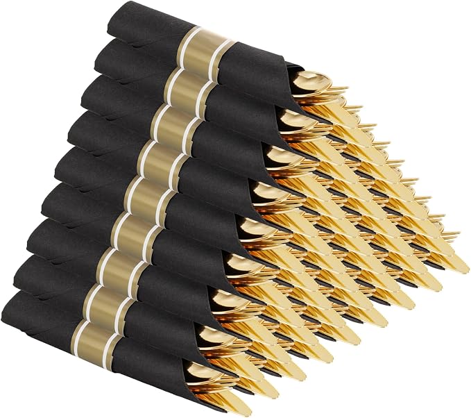 30 Pack Pre Rolled Gold Plastic Silverware with Black Napkins | Heavy Duty Black Disposable Wrapped Flatware Cutlery Set for for Wedding, Birthday & Party Supplies
