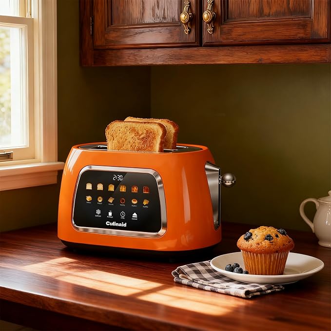 Toaster 2 Slice Smart Touch Screen, Retro 1.5'' Extra Wide Slot Stainless Steel Digital Bread Toaster with Memory Function, Bagel, Defrost, 6 Browning Level and Removable Crumb Tray, Orange