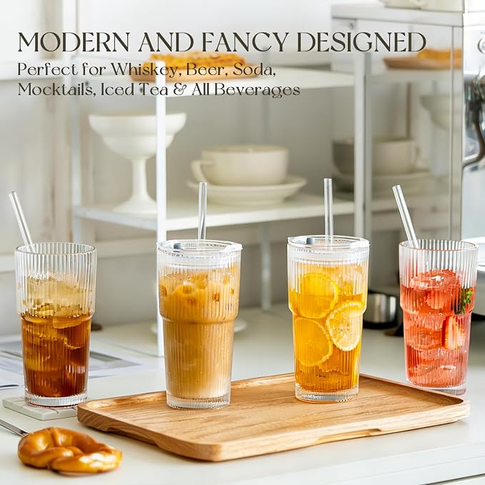 KEMORELA 20oz Ribbed Glass Tumblers with Lids and Straws, Iced Coffee Cups | Reusable thick-wall glass, Leak-Proof Lids, Fits Most Car Cup Holders, For Iced Coffee and Cold Drinks, With Cleaning Brush