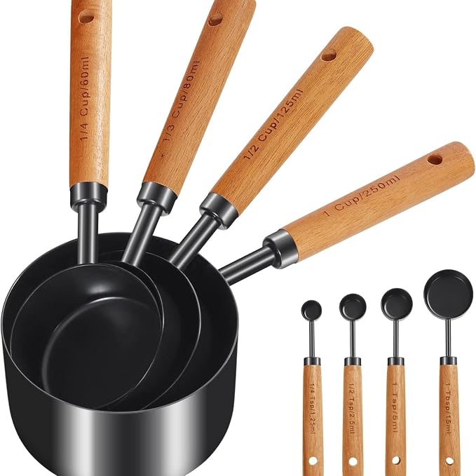 8pc Steel Measuring Set Nonstick Cups Spoons Wood Handle Markings | Food-grade anti-rust stainless steel nonstick easy-clean engraved dual markings hanging wooden handle for baking cooking