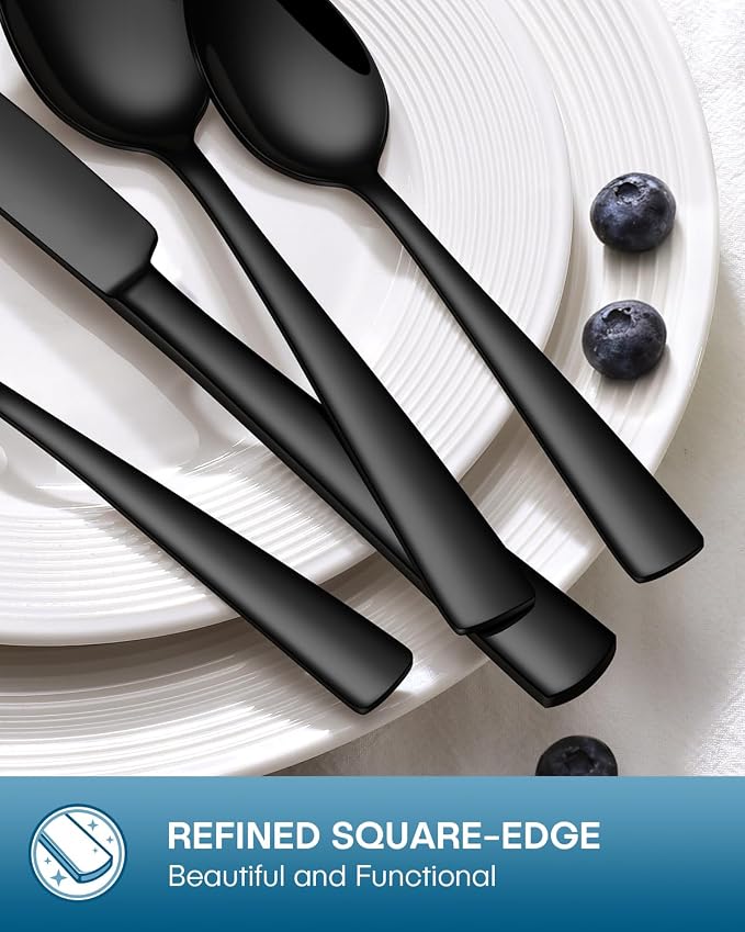Stapava 60 Pcs Black Silverware Set, Food-Grade Stainless Steel Flatware Set for 12 Mirror Polished Cutlery Utensil Sets Include Dinner Knives Spoons and Forks Set Dishwasher Safe for Home Restaurant