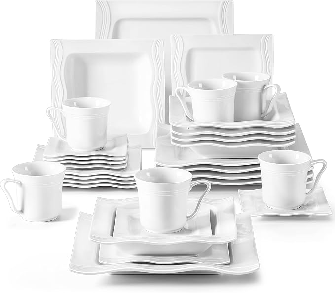 MALACASA 30 Pieces Dinnerware Sets, Modern Ivory White Plates and Bowls Sets for 6, Porcelain Dish Set with Dinner Plate, Dessert Plate, Soup Plate, Cup and Saucer, Square Dishware Set, Series Mario | Complete with Plates, Bowls, Cups, Saucers, Microwa...