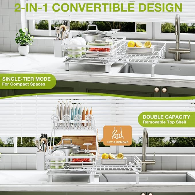 2-Tier Expandable Dish Drying Rack for Kitchen Counter, White | Large Capacity Dish Rack Organization, Heavy-Duty Carbon Steel, 17 lbs Capacity, Swivel Drain Spout & Cup Hooks