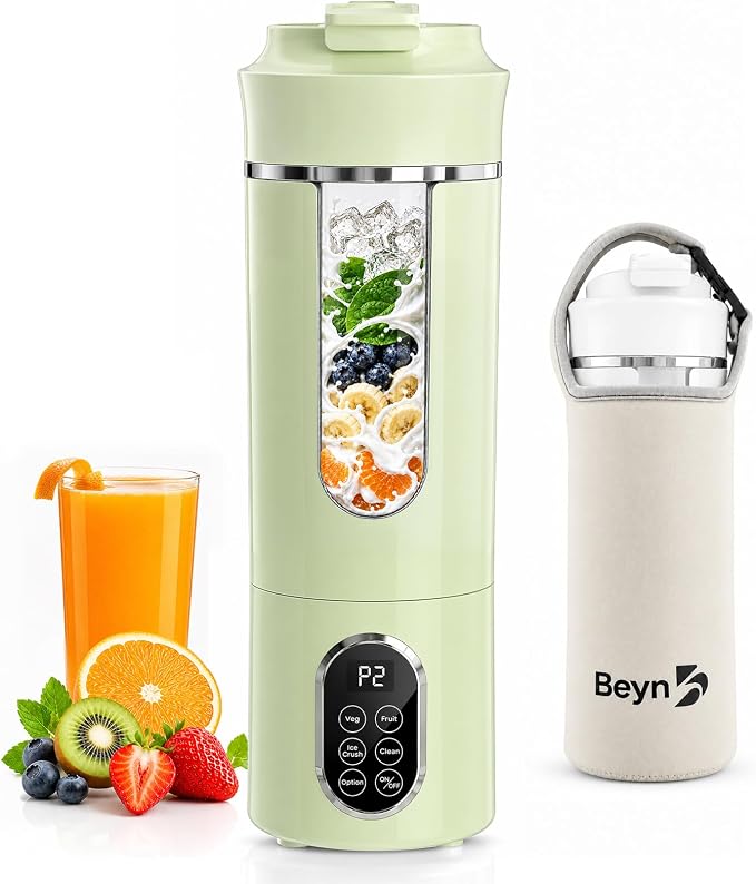Beyn 530mL Portable Blender, Personal Smoothie Maker, USB-C Cordless, 12 Stainless Steel Blades, Leakproof Travel Cup, Digital One-Touch Self-Clean for Gym Home Office, Green