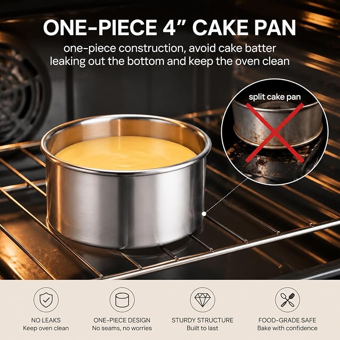 TeamFar 4 Inch Cake Pan, 8 Pcs Stainless Steel Round Baking Cake Pans Set | Layer Cake Baking Pans Set for Baking Steaming Serving, Healthy & Sturdy, Mirror Finish & Dishwasher Safe