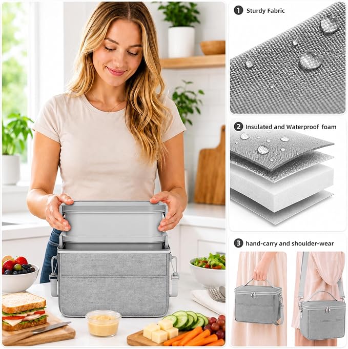 Adults Lunchbox Bento Box with Lunch Bag- 74 OZ All-in-One Stackable Lunch Box for Adults Kids Women Men Leakproof Bento Large Lunch Box Containers with Fork Spoon Sauce Box for Work School (Grey)