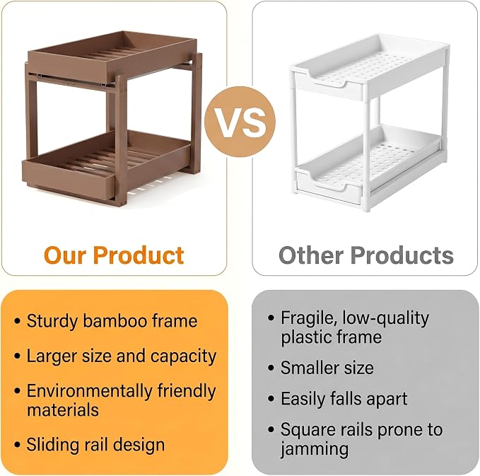 Bamboo Under Sink Storage 2 Tier Pull Out Cabinet Organizer Slide Out Under Sink Storage Shelf Undersink Organizers Shelves for Kitchen Bathroom Organization (Brown, 1 Pack)