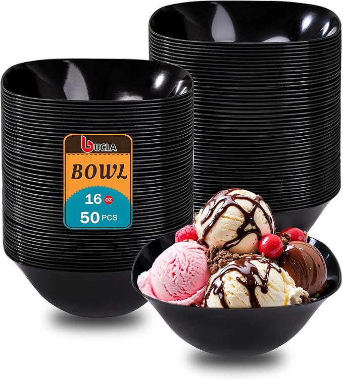 bUCLA 50 Pack Black Plastic Serving Bowls - 16oz Disposable Bowls for Dessert/Ice Cream/Salsa/Snack/Candy, Ideal for Party & Graduation