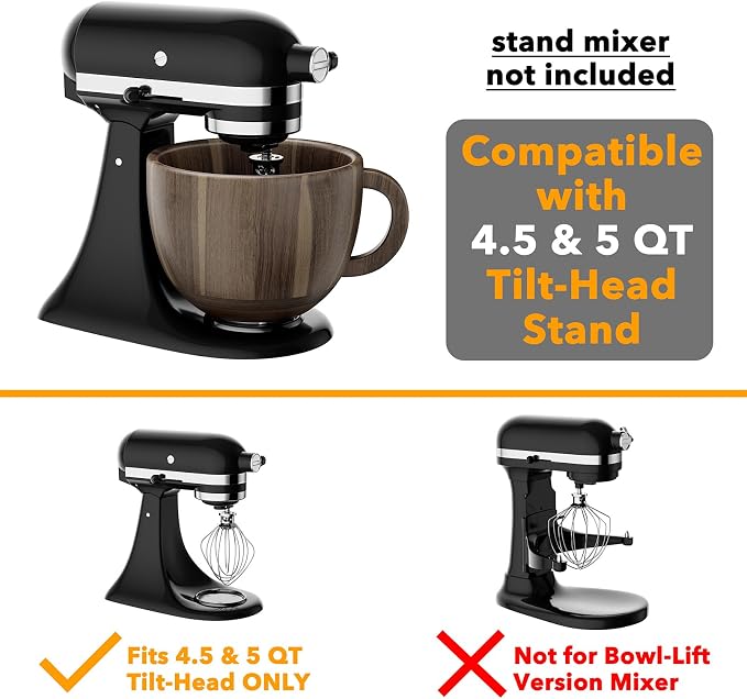 SpaceAid Wooden Bowl with Handle, Kitchen Space Aid Acacia Wood Mixing Bowls Holder for Stand Mixer, Compatible with 4.5 & 5 QT Tilt-Head Models Kitchen, Light Wood
