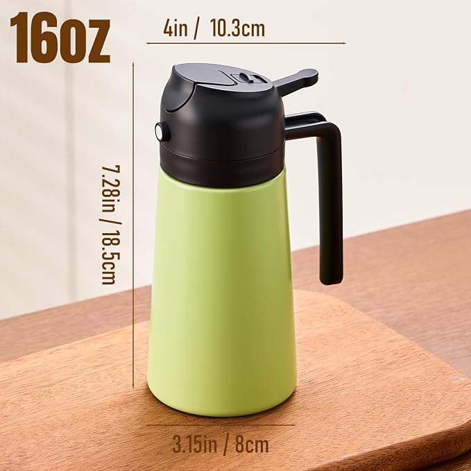 PARACITY Oil Bottle, 2-in-1 Stainless Steel Sprayer and Dispenser, 16 fl oz | Fine-mist spray and smooth pour modes with ceramic-coated interior, wide mouth, drip-control nozzle, and reusable labels.