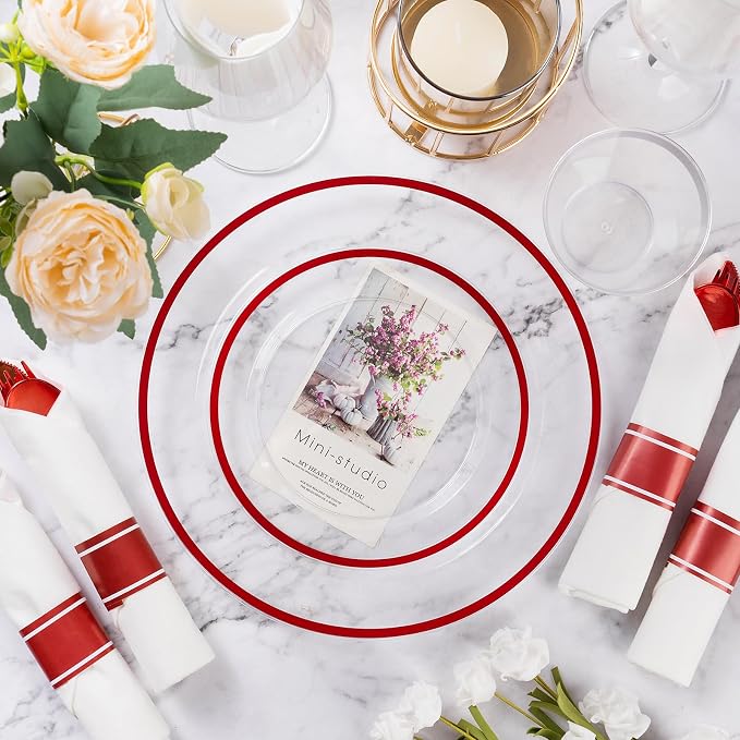 175 Pcs Clear Red Plastic Dinnerware Sets for Party for 25 Guests | Red Plastic Plates Include: 50 Plastic Plates, 25 Pre Rolled Napkins with Cutlery Set, 25 Cups for Birthday, Christmas