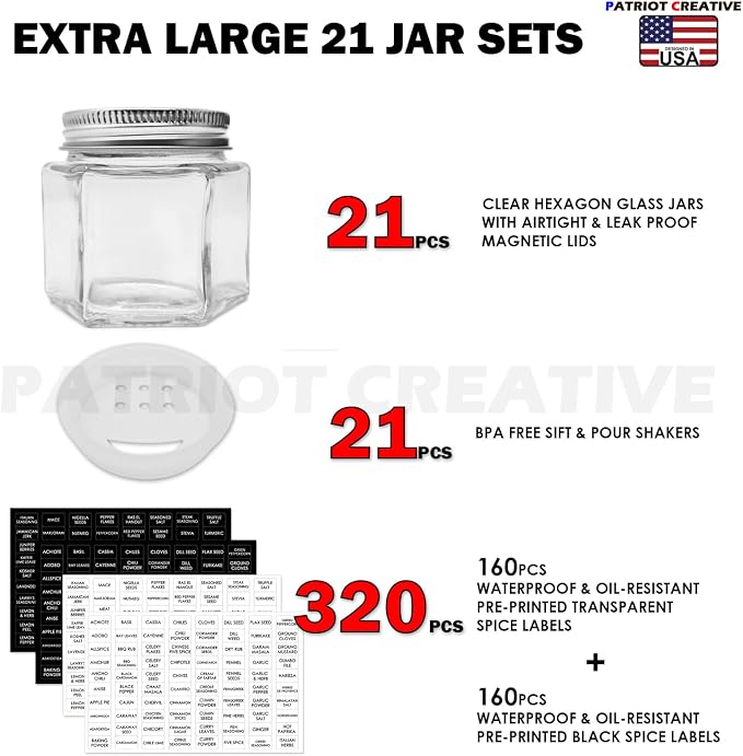 Patriot Set of 21 Large 4oz Magnetic Spice Jars for Refrigerator, Hexagon Glass Magnetic Spice Jars with Shaker Lids and Labels for Kitchen RV Travel Trailer, Magnetic Spice Containers for Fridge