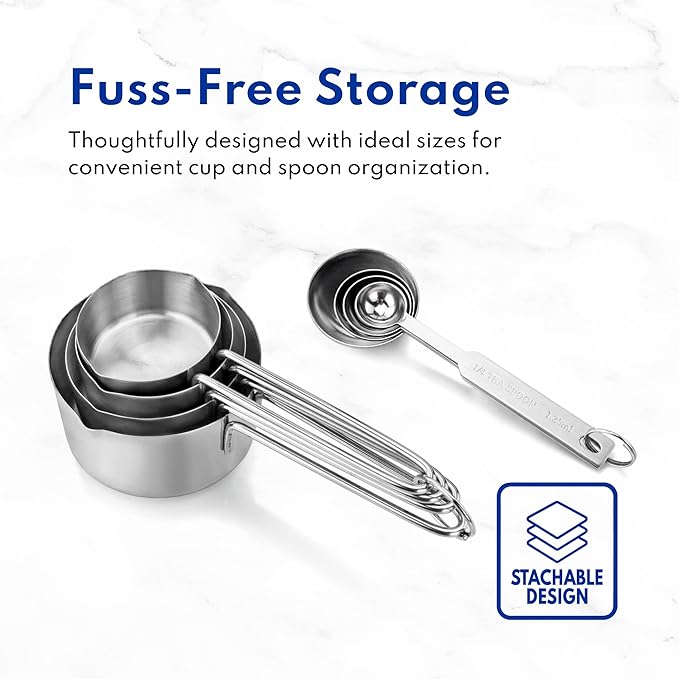 New Star Foodservice 42917 Stainless Steel Measuring Cups and Spoons Set, 8-Piece Metal Measuring Set for Baking, Cooking, Dry and Liquid Ingredients, Restaurant Grade, Silver