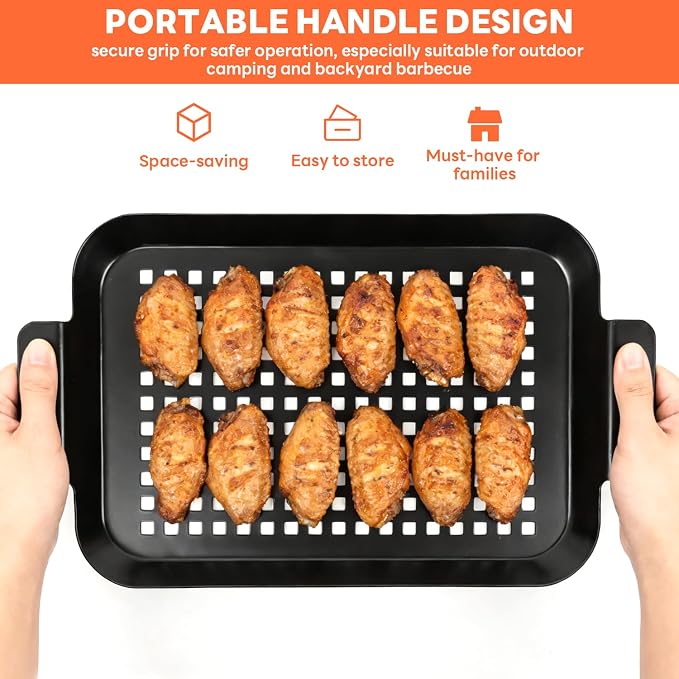 2PCS Grill pan, BBQ Grill Topper for Outdoor Grill with Hole, Non-stick enamel coating, suitable for picnicking, camping, yard (2 pieces)