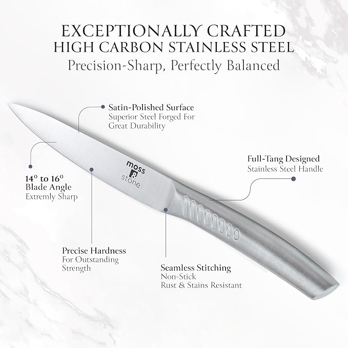 Moss & Stone Small 6 Pcs Kitchen Knife Set with Block, Stainless Steel | Professional chef knife set with sharp cooking knives, premium scratch-resistant and rust-proof design, ergonomic handle