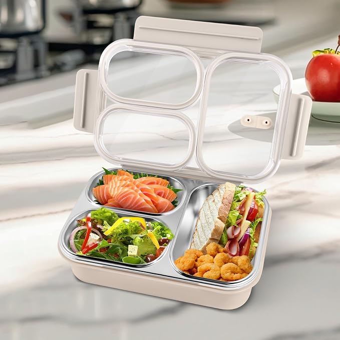 Stainless Steel Lunch Box, 3 Compartments Metal Bento Box for Kids, 25oz Lunch Container with Leakproof Lid, Divided Meal Prep Box for Adults, Kids - Ideal for Office, School, Healthy Eating