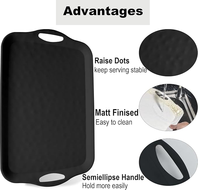 ECOIOU 20x13 inch Extra Large Serving Tray with Handles, Set of 2, Black | Melamine Platters for Serving Food, Turkey, Cookie, Rectangular Trays for Eating, Raised Dots Matt Finished, Dishwasher Safe