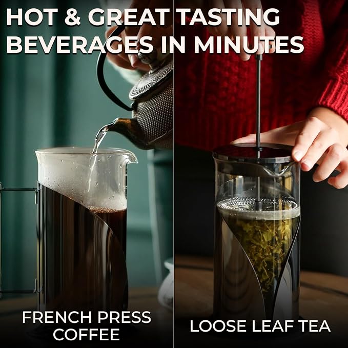 Cafe Du Chateau Stainless Steel French Press Coffee Maker 34 oz - Easy to Use Insulated Coffee Press with 4-Level Filtration, Manual Brewer for Tea, Camping & Travel with BPA Free, Durable Clear Glass