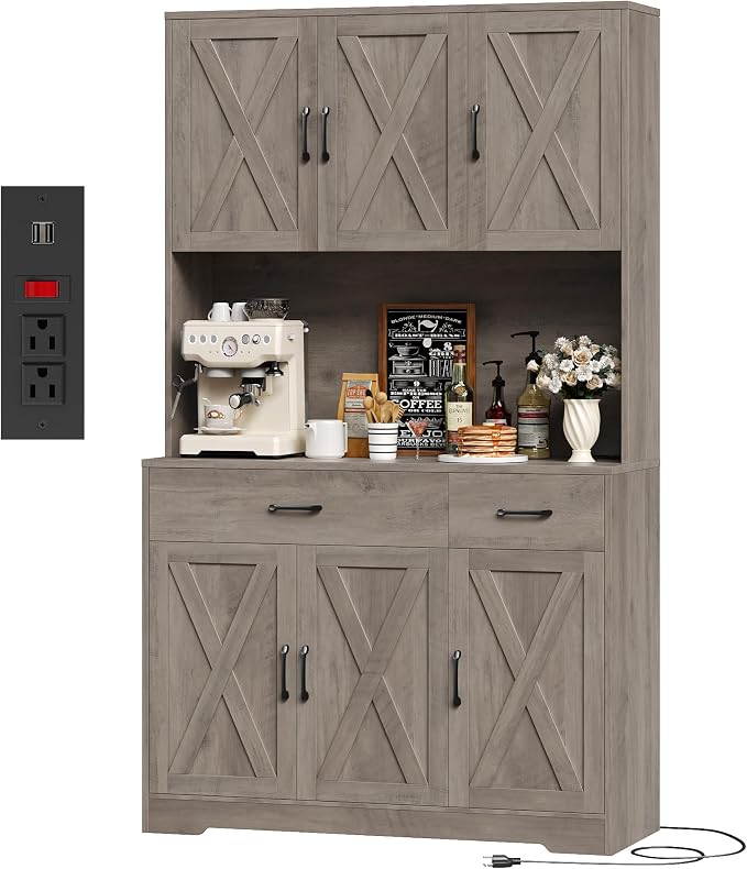 HOSTACK 71" H Kitchen Pantry Storage Cabinet, Farmhouse Hutch Cabinet, Grey | Space-Saving Pantry Cabinet with Charging Station & 2 Large Drawers & Adjustable Shelves, Tall Kitchen Hutch, Dining Room